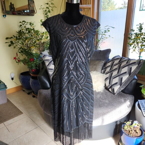 Babeyond Flapper Sheath Gatsby Dress Black Sz XXL Sequins Beads  Sleeveless - Picture 1 of 13